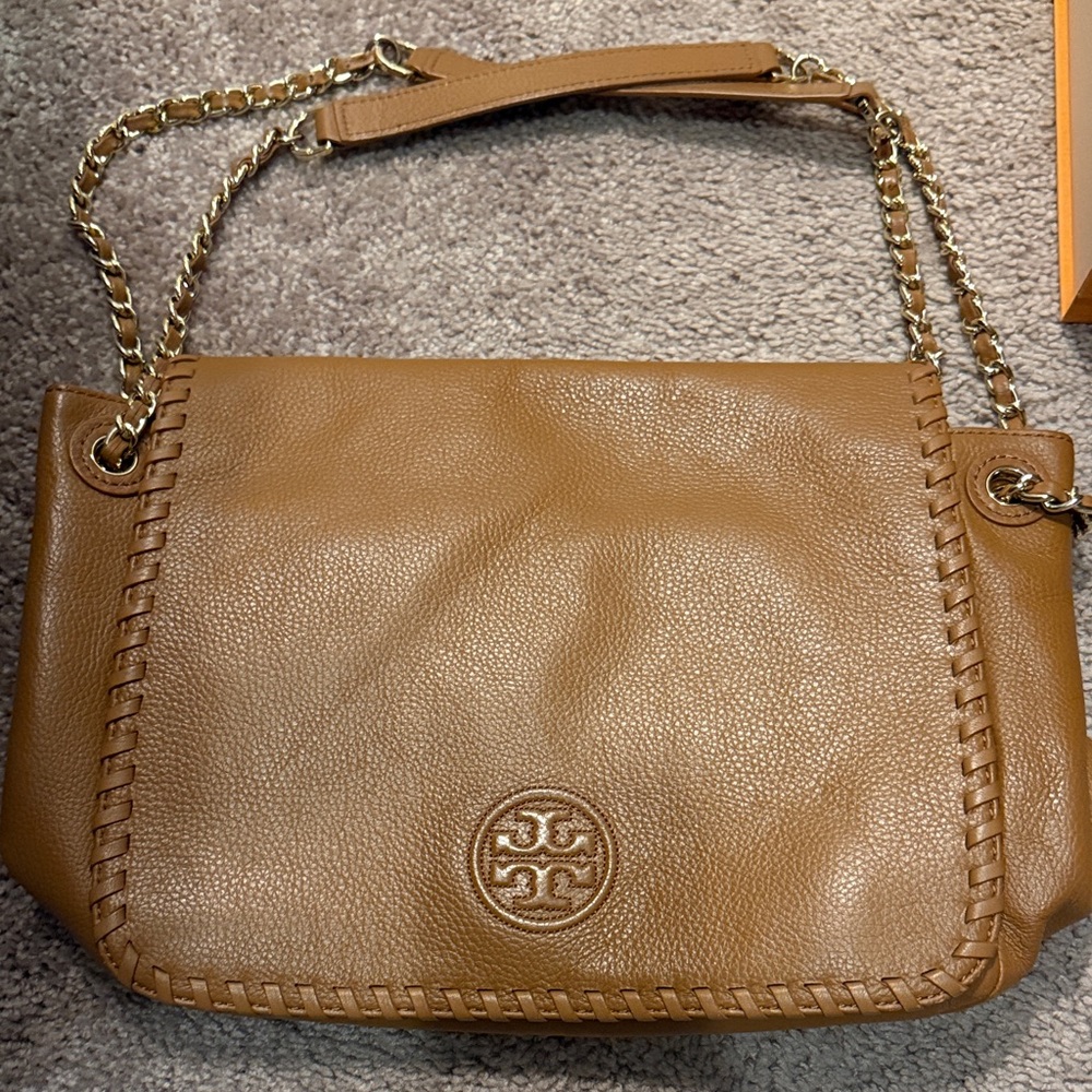 Tory Burch Brown Leather Shoulder Bag with Gold Chain